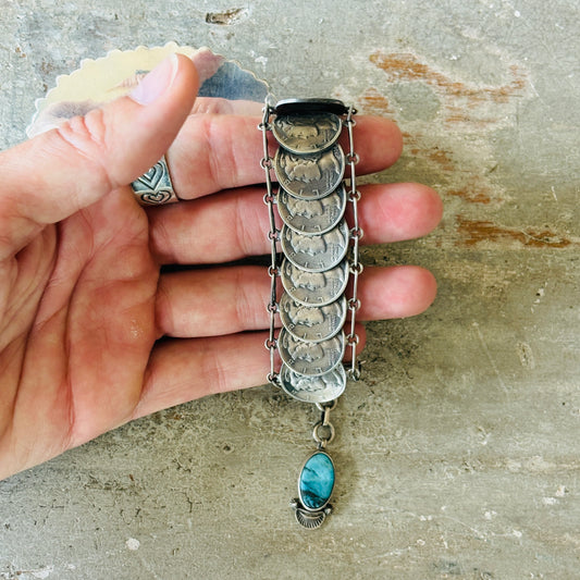 Navajo James McCabe Sterling Silver - Liberty Dimes & Turquoise Bracelet