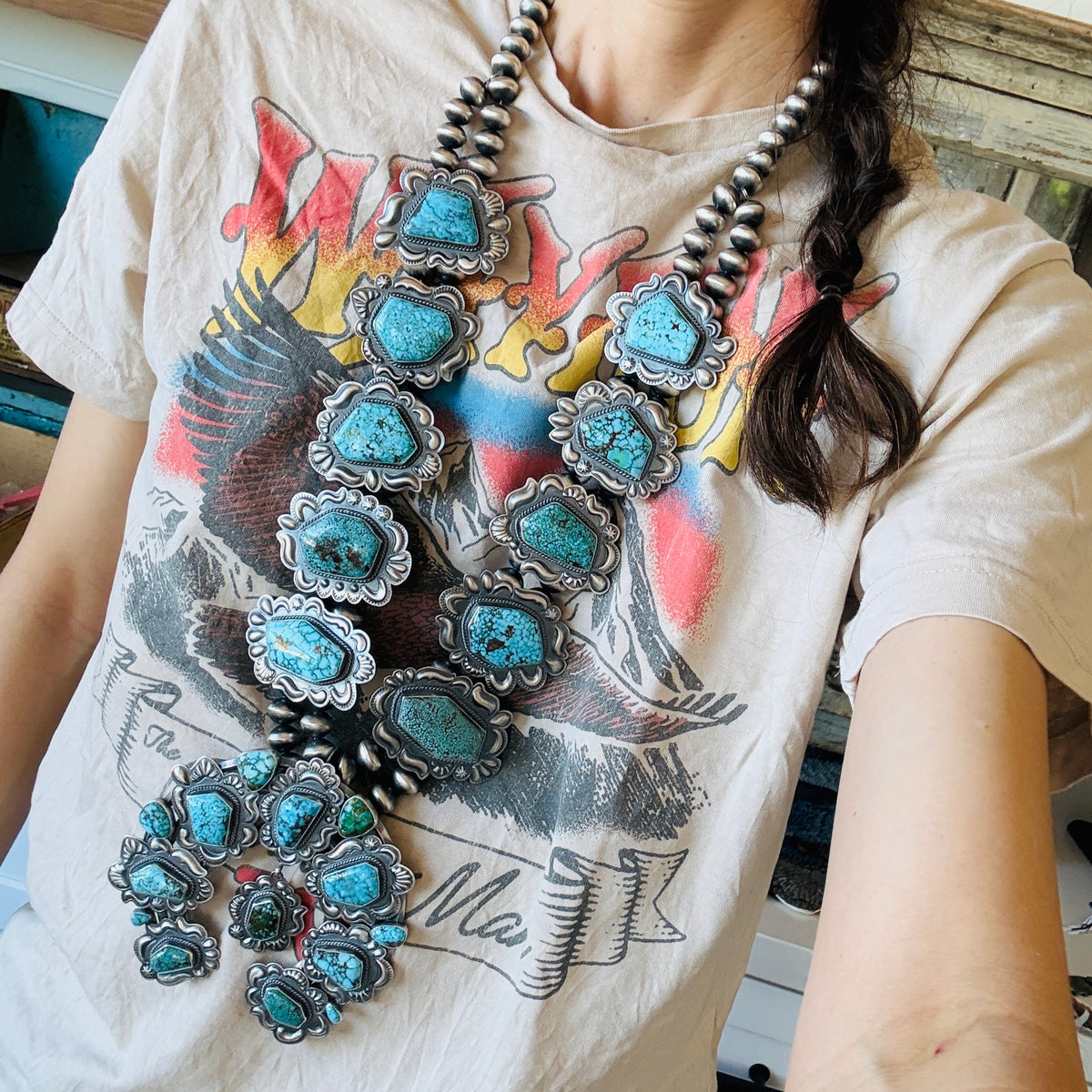 Navajo Robert Johnson Sterling Silver & High Grade Kingman Squash Blossom Necklace Set