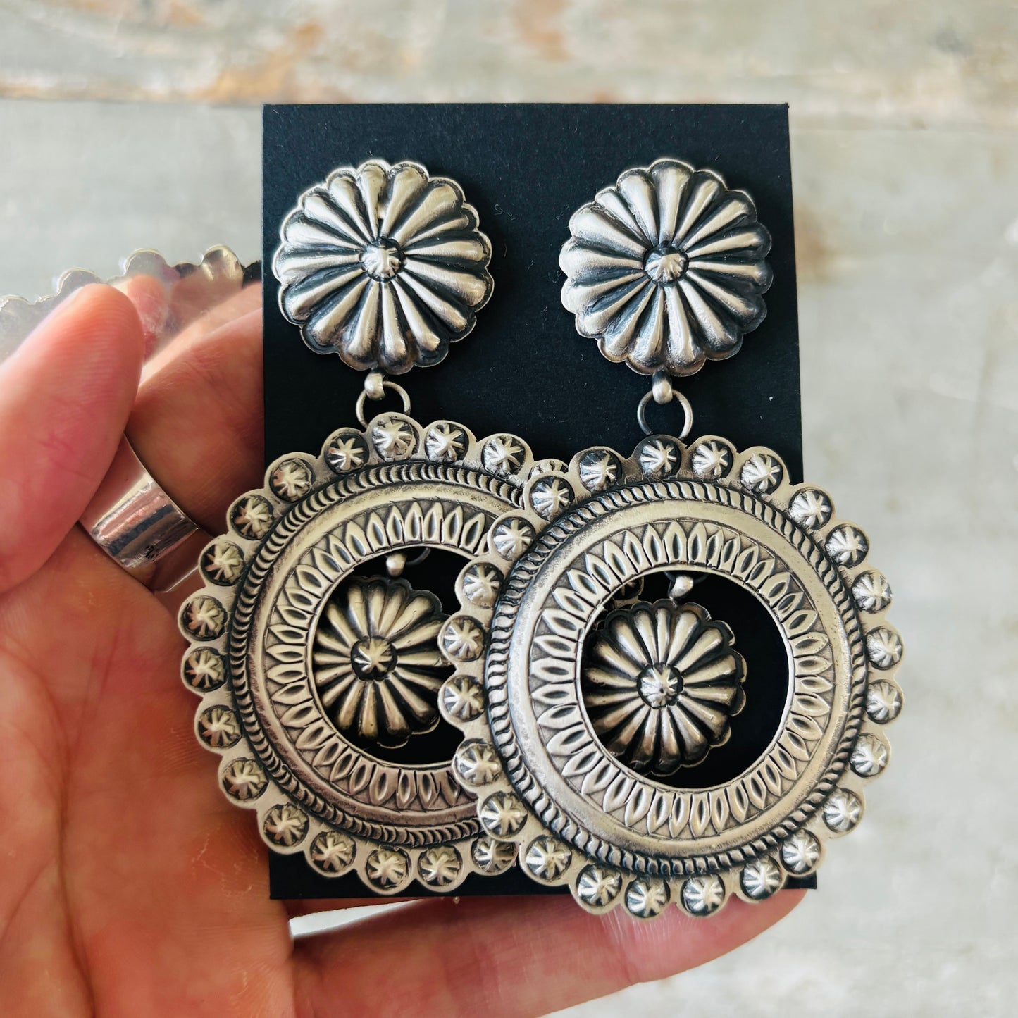 Navajo Eugene Charley Sterling Silver Concho Statement Earrings