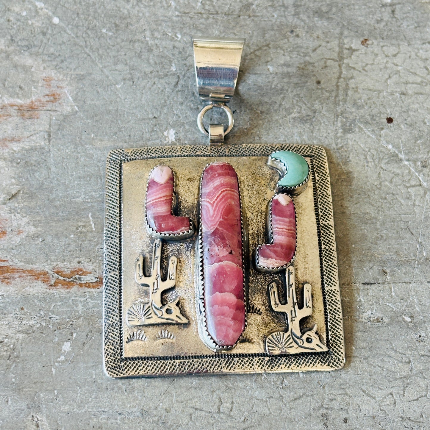Navajo Hemerson Brown Sterling Silver - Kingman Turquoise & Rhodrocrosite Cactus Pendant