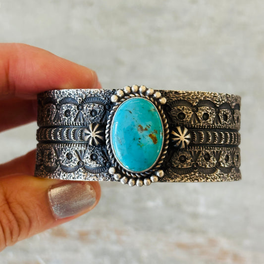 Navajo Herman Smith Sterling Silver & Kingman Turquoise Stacker Cuff