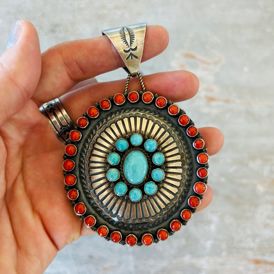 Navajo Landon Benally Sterling Silver - Red Coral & Kingman Turquoise Pendant