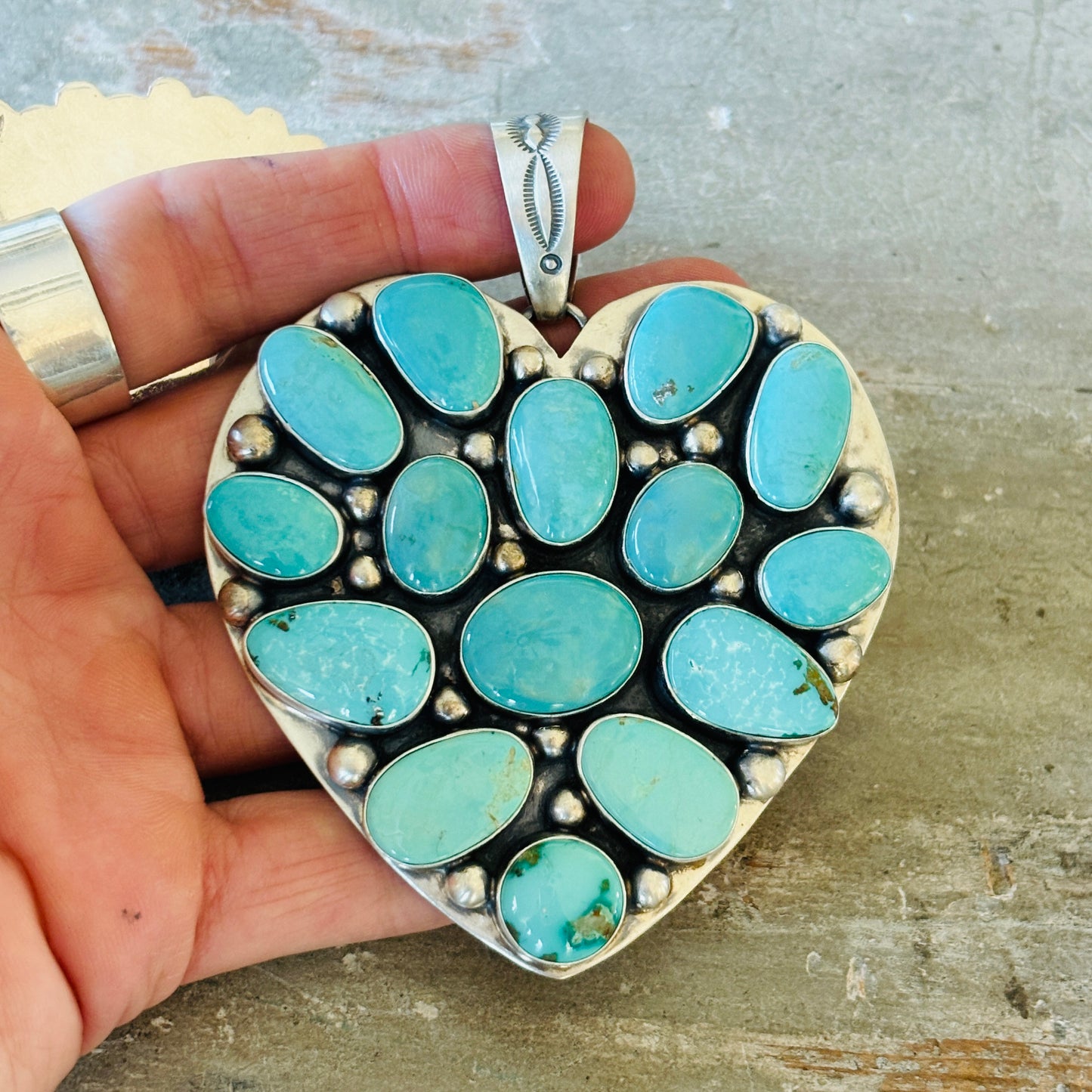 Navajo Kathleen Livingston Sterling Silver & Kingman Turquoise Heart Cluster Pendant