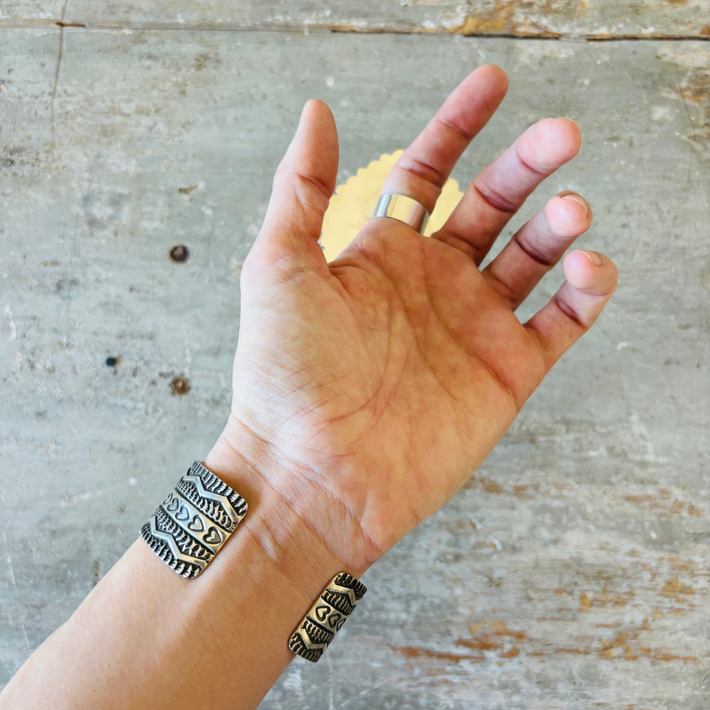 Navajo Darrell Cadman Sterling Silver & White Buffalo Hearts Stacker Cuff