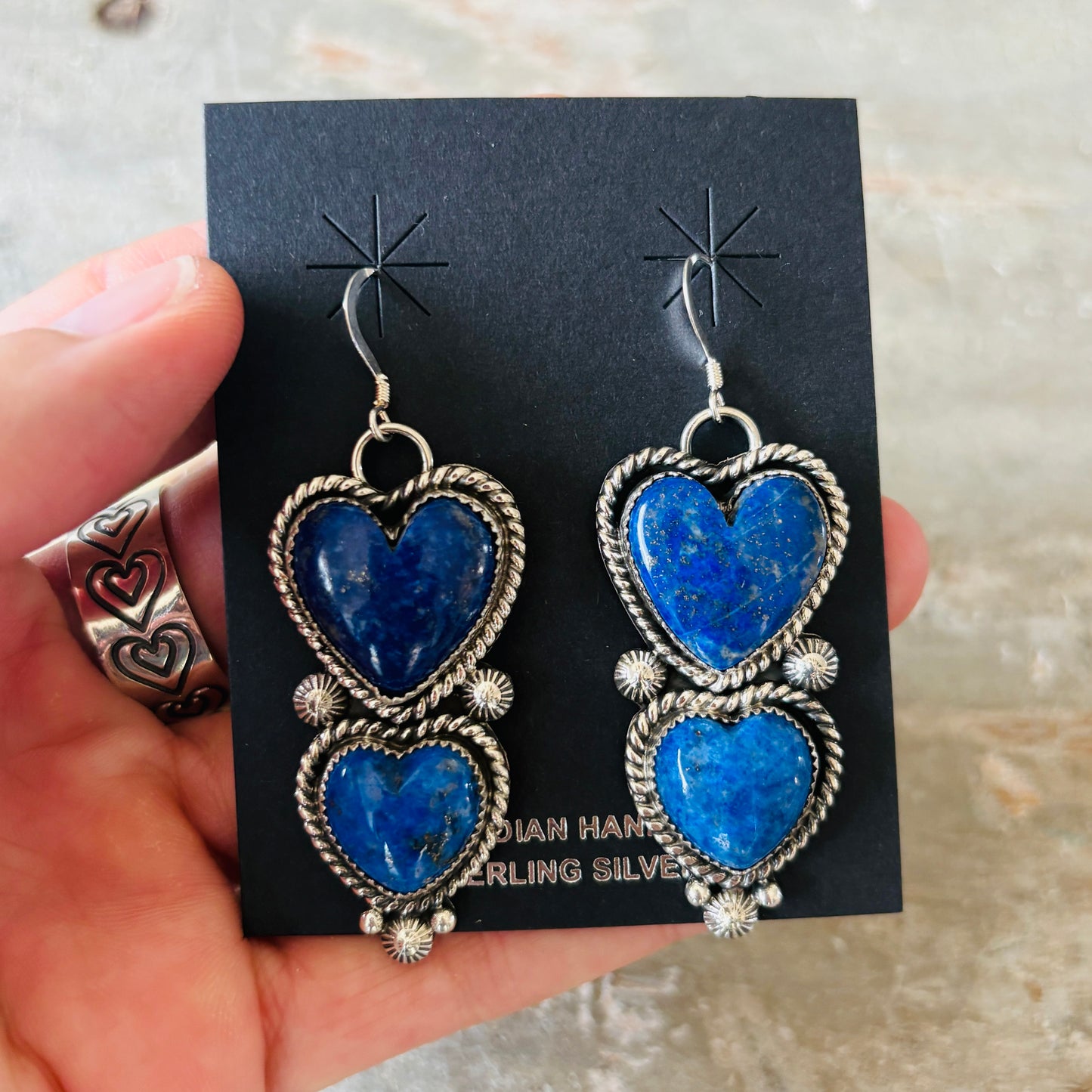 Navajo Hemerson Brown Sterling Silver & Lapis Heart Earrings