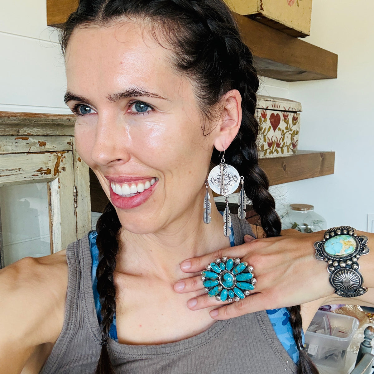Vintage Navajo Fred Guerro Jr. Sterling Silver Feather Drum Earrings