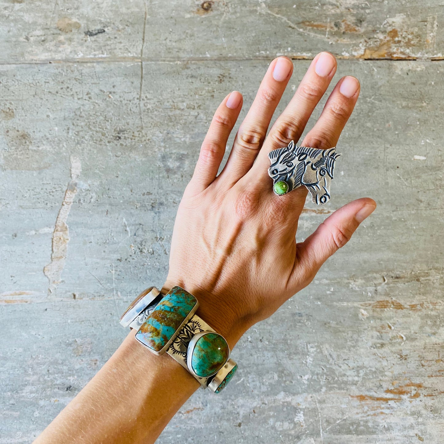 Navajo Kevin Billah Sterling Silver & Sonoran Gold Turquoise Horses Ring