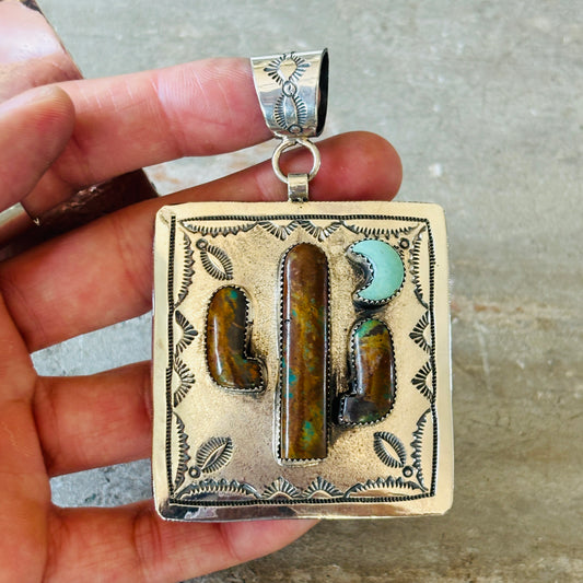 Navajo Hemerson Brown Sterling Silver & Kingman Turquoise Cactus Pendant