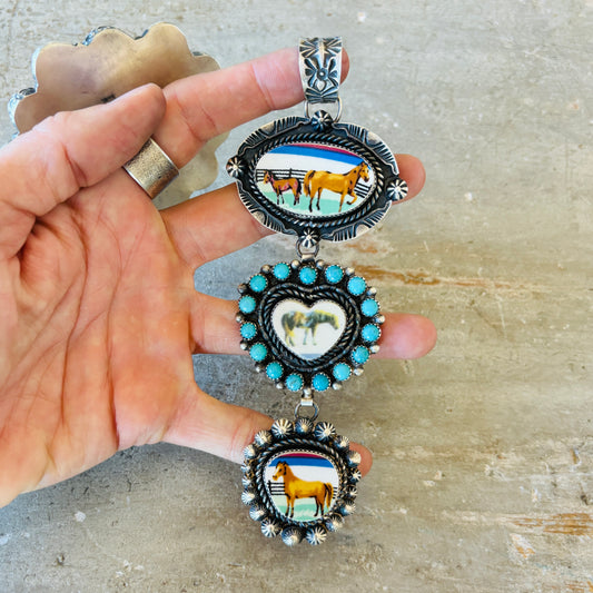 Navajo Kindale Billah Sterling Silver 3 Tier Horses Pendant