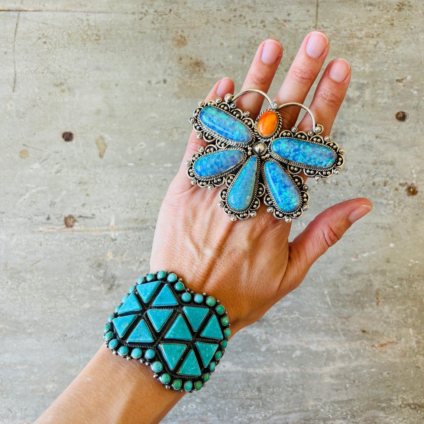 Navajo Hemerson Brown Sterling Silver - Blue Lab Opal & Orange Spiny Dragonfly Ring