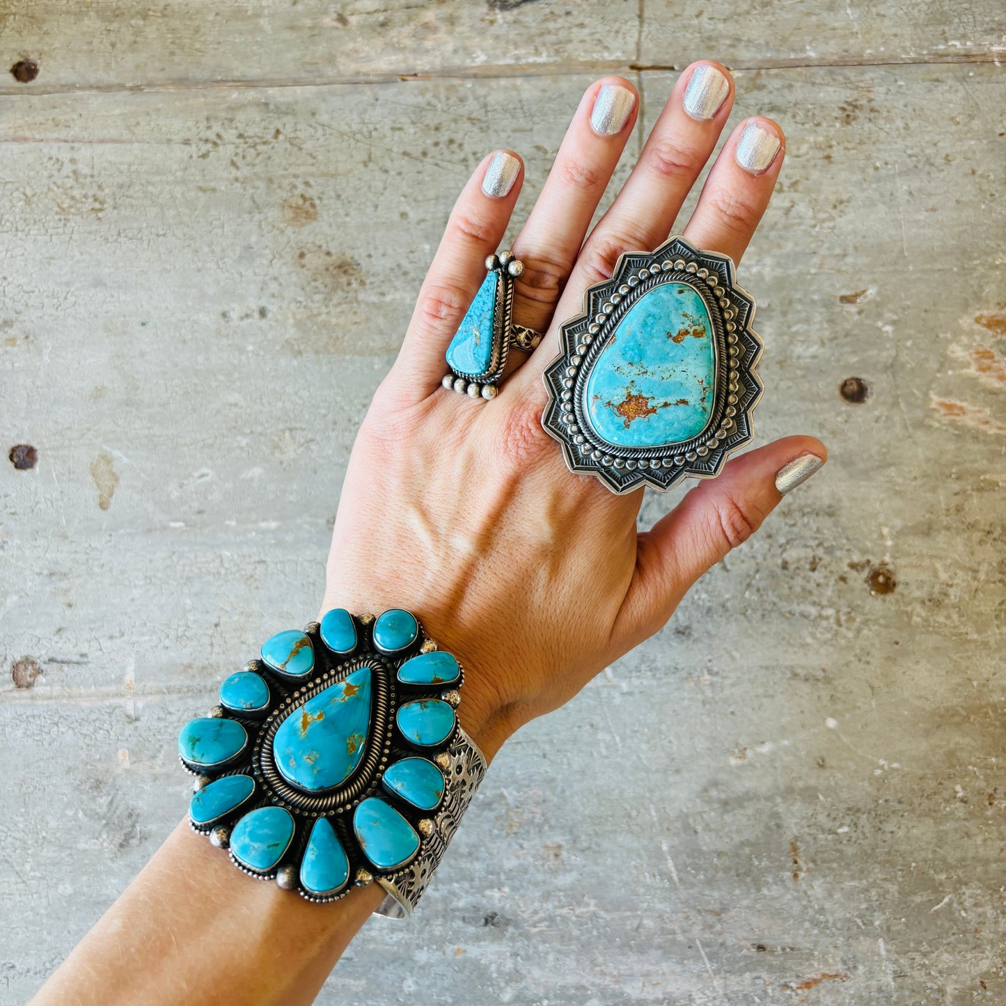 Navajo Braxton Parkett Sterling Silver & Kingman Turquoise Cluster Cuff