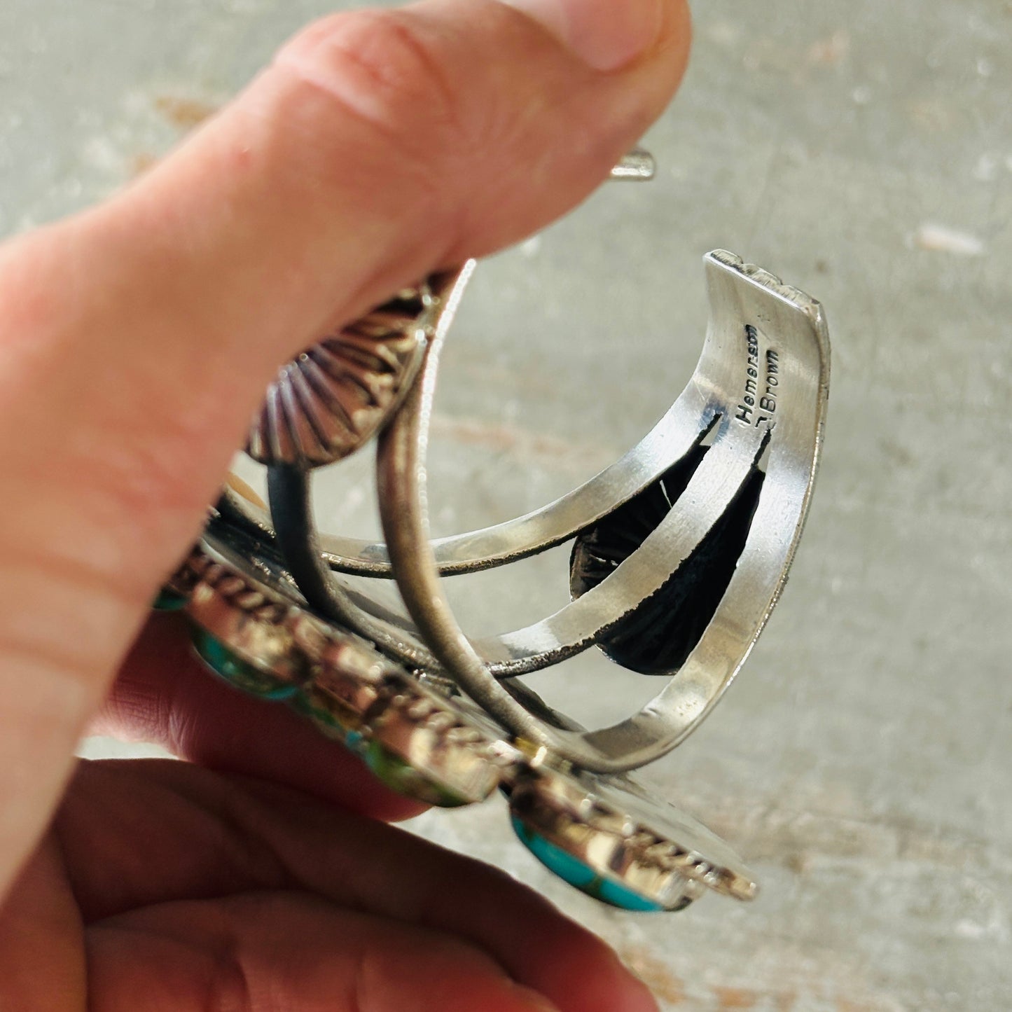 Navajo Hemerson Brown Sterling Silver & Sonoran Turquoise Hearts Cluster Cuff