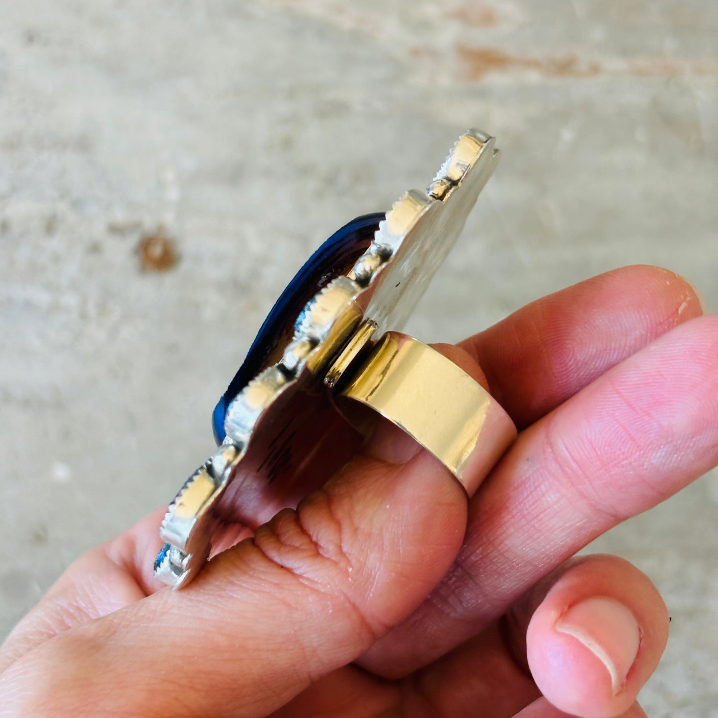 Navajo Hemerson Brown Sterling Silver & Dark Blue Druzy Cluster Ring