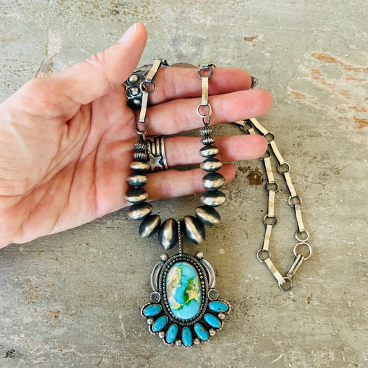 Navajo Hemerson Brown Sterling Silver - Kingman & Sonoran Turquoise Statement Necklace