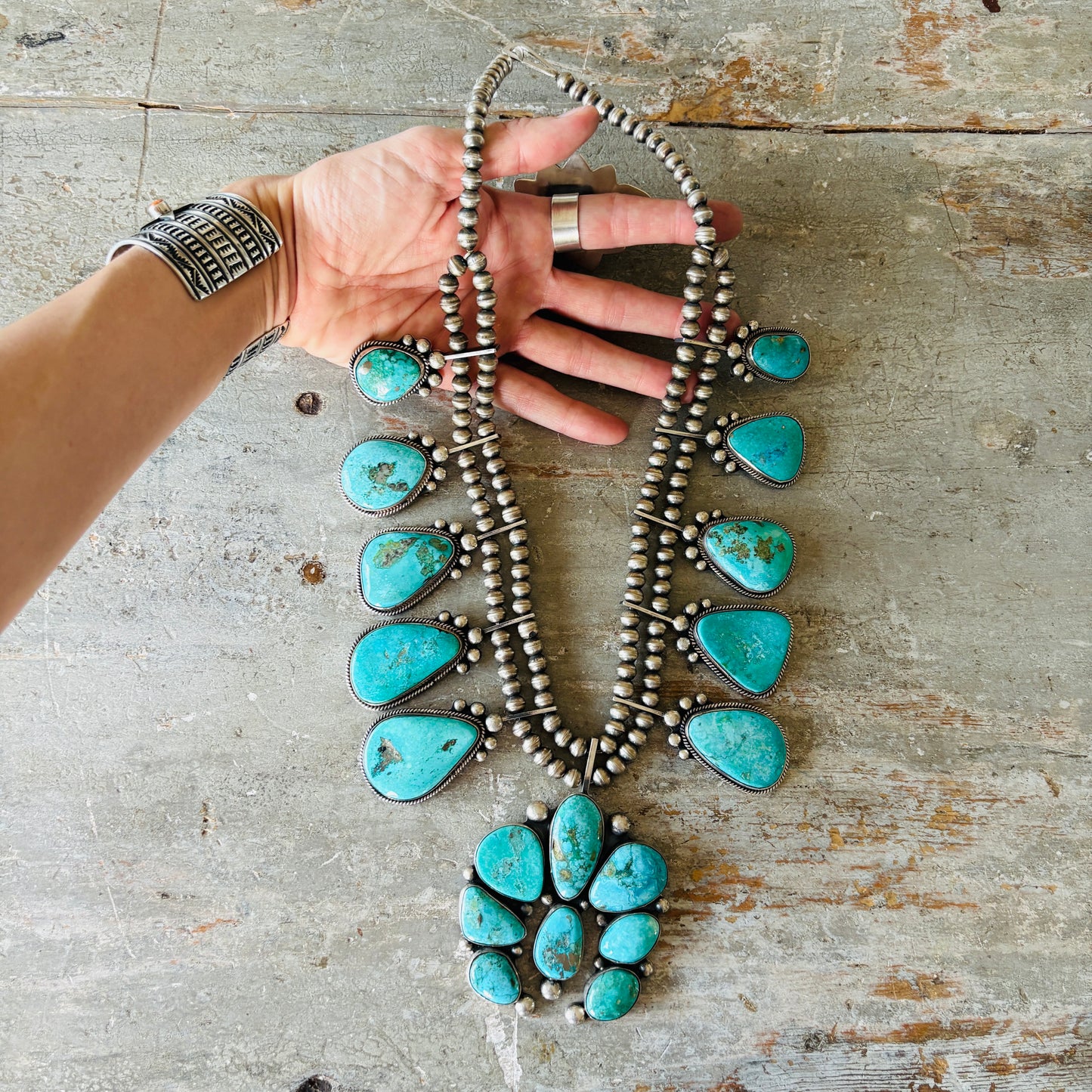 Navajo David Lister Sterling Silver & Kingman Turquoise Squash Blossom Necklace