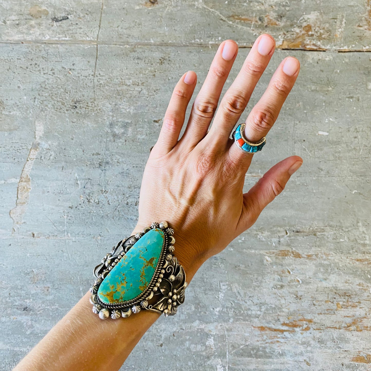 Navajo Lester James Sterling Silver - Red Coral & Turquoise Moon - Yei Tufa Cast Ring