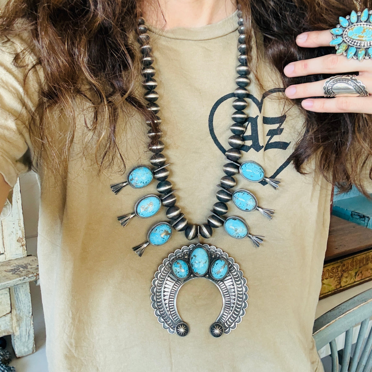 Navajo Andy Cadman Sterling Silver & Kingman Turquoise Statement Squash Blossom Necklace