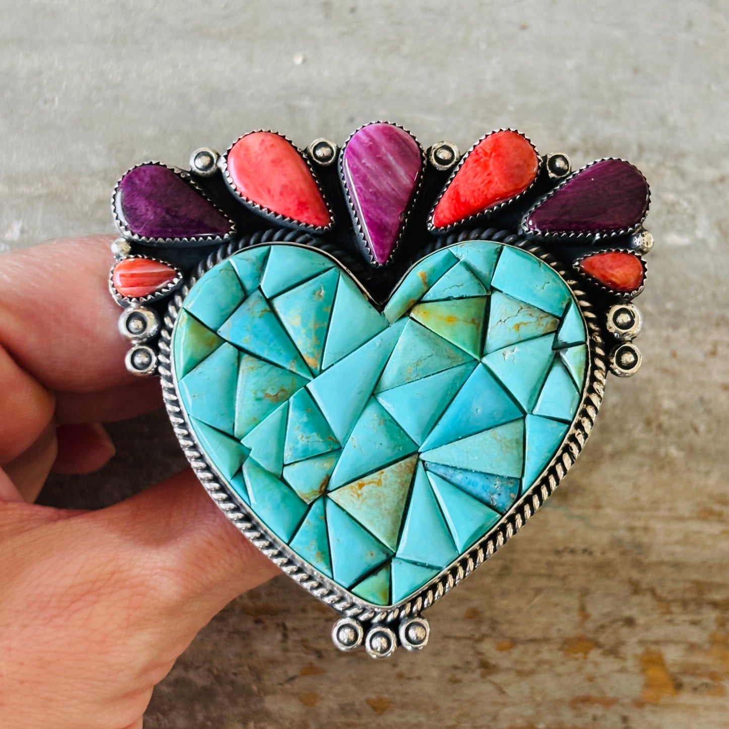 Navajo Hemerson Brown Sterling Silver - Orange - Purple Spiny & Kingman Turquoise Heart Cobblestone Ring