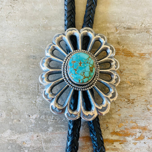 Navajo Dustin Francisco Sterling Silver & #8 Turquoise Sandcast Black Leather Bolo