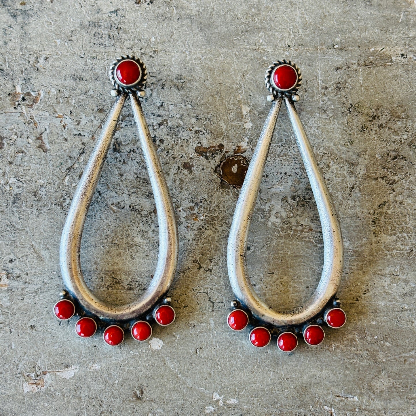 Navajo Herman Smith Sterling Silver & Red Coral Statement Earrings