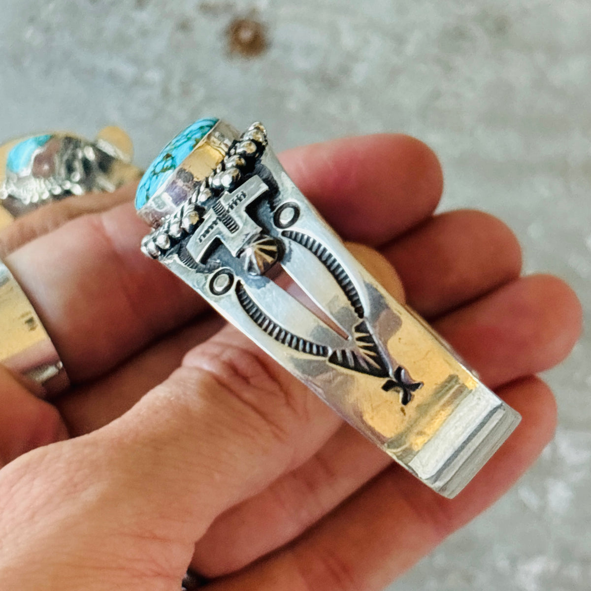 Navajo Happy Piasso Sterling Silver & Web Kingman Turquoise Cross Stacker Cuff