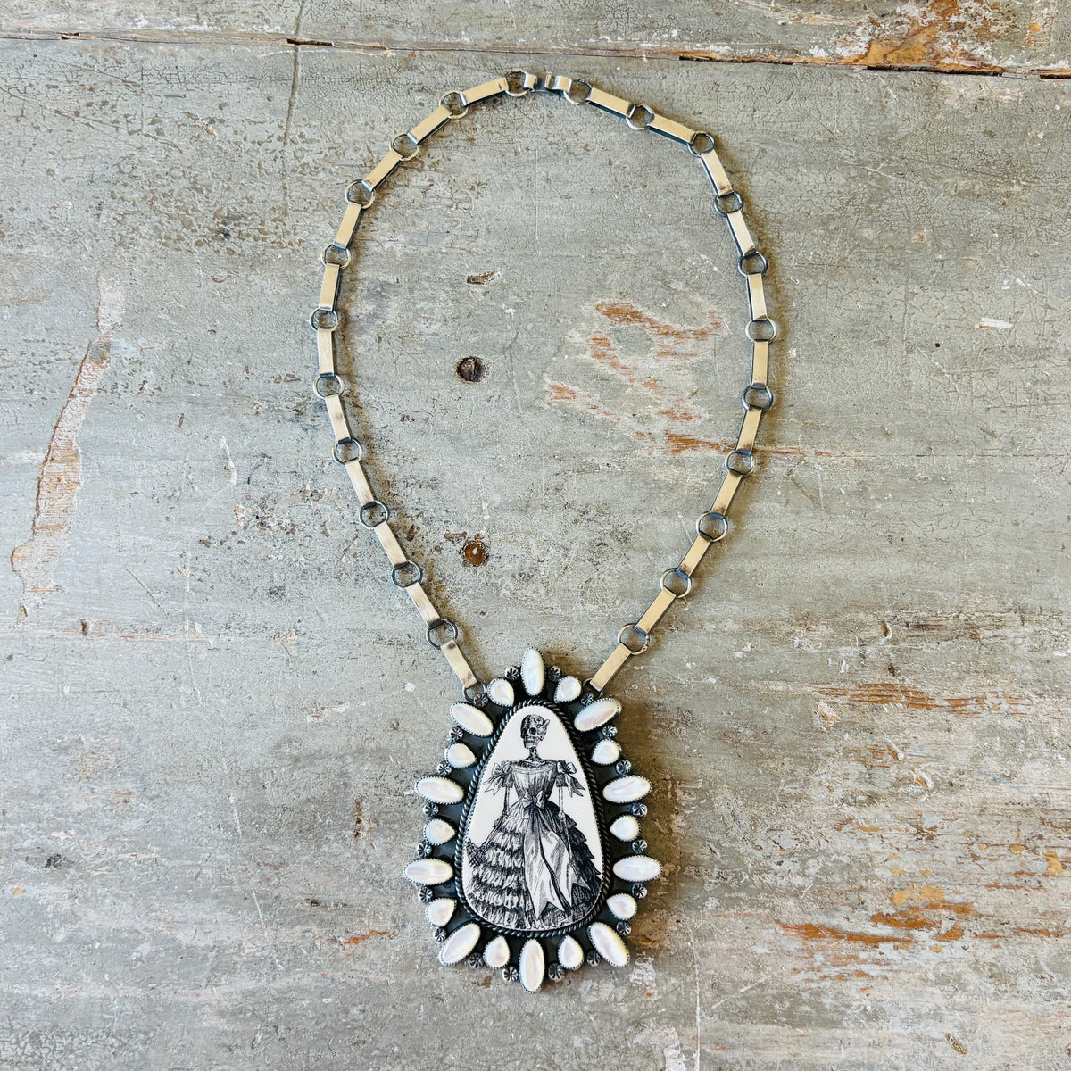 Navajo Kindale Billah Sterling Silver - Ceramic & Mother of Pearl Skelton Necklace