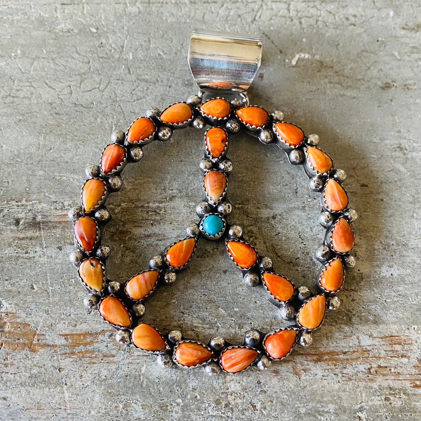 Navajo Lorenzo Jerilyn Chee Sterling Silver - Orange Spiny Oyster & Turquoise Peace Sign Pendant