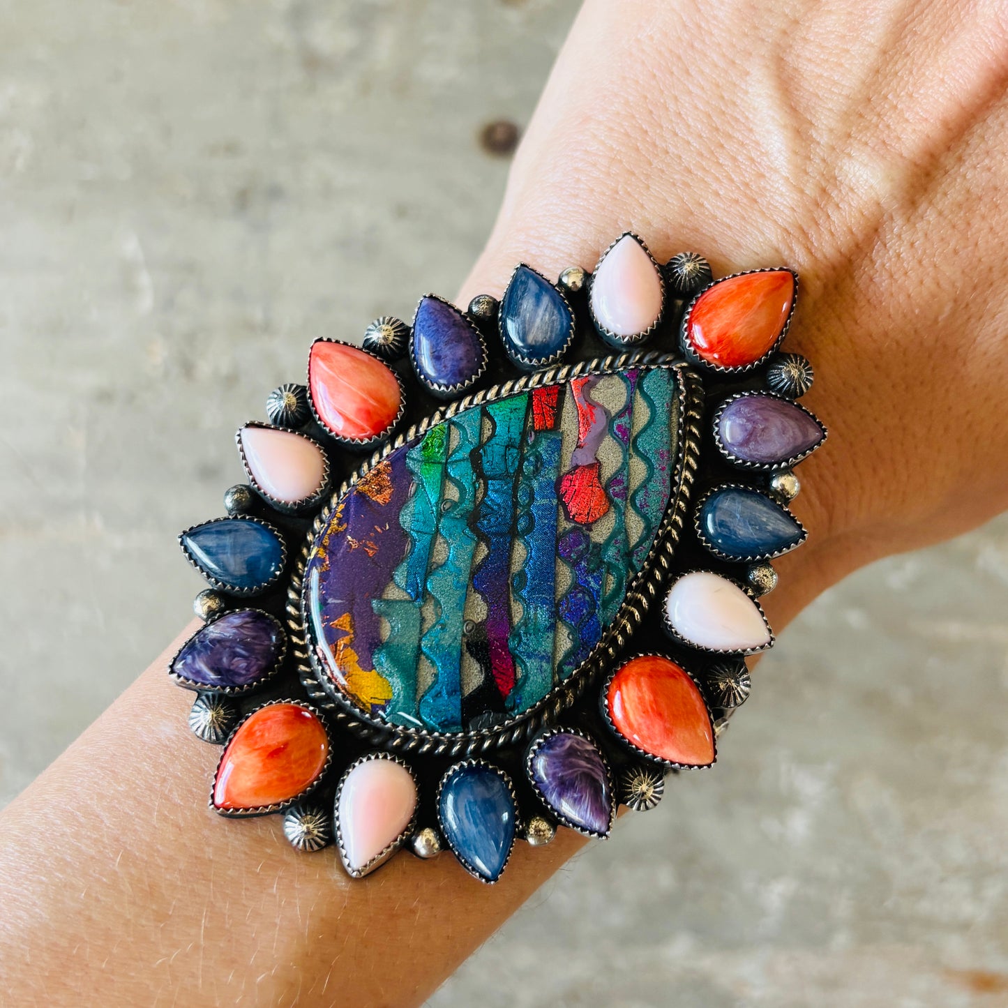 Navajo Hemerson Brown Sterling Silver & Dichroic Polymer Clay Multi Stone Cluster Cuff