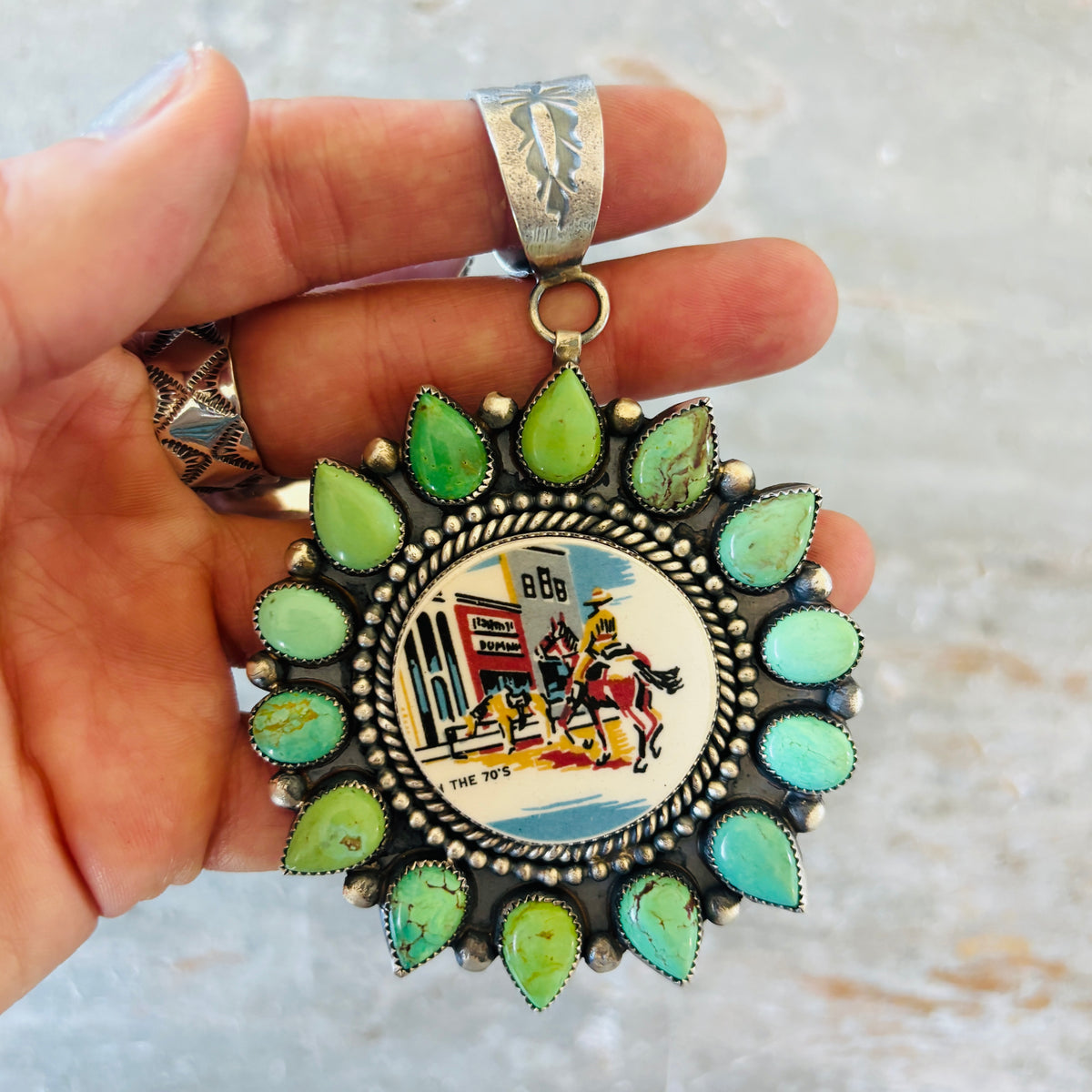 Navajo Kindale Billah Sterling Silver - Ceramic & Mojave Campitos Turquoise Cowboy Cluster Pendant