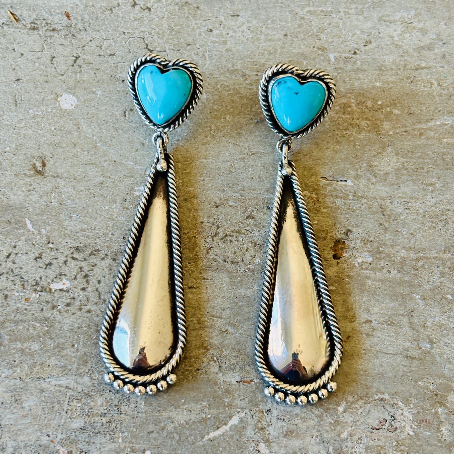 Navajo Steve Arviso Sterling Silver & Kingman Turquoise Heart Earrings