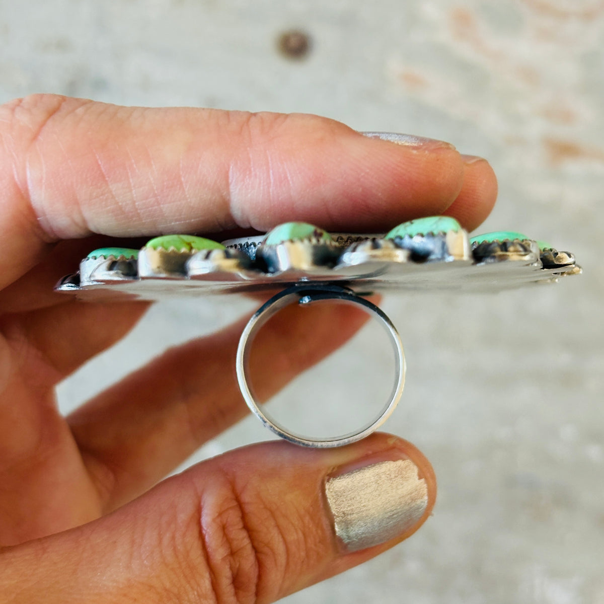 Navajo Kindale Billah Sterling Silver - Ceramic & Mojave Campitos Turquoise Chief Cluster Ring