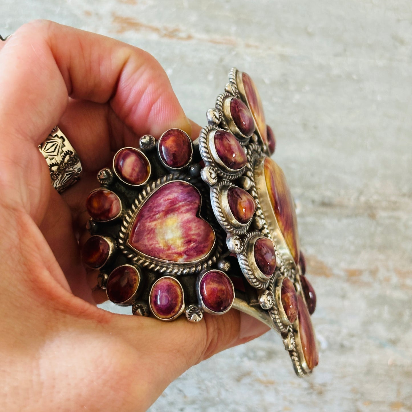 Navajo Tyler Brown Sterling Silver & Purple Spiny Hearts Statement Cuff