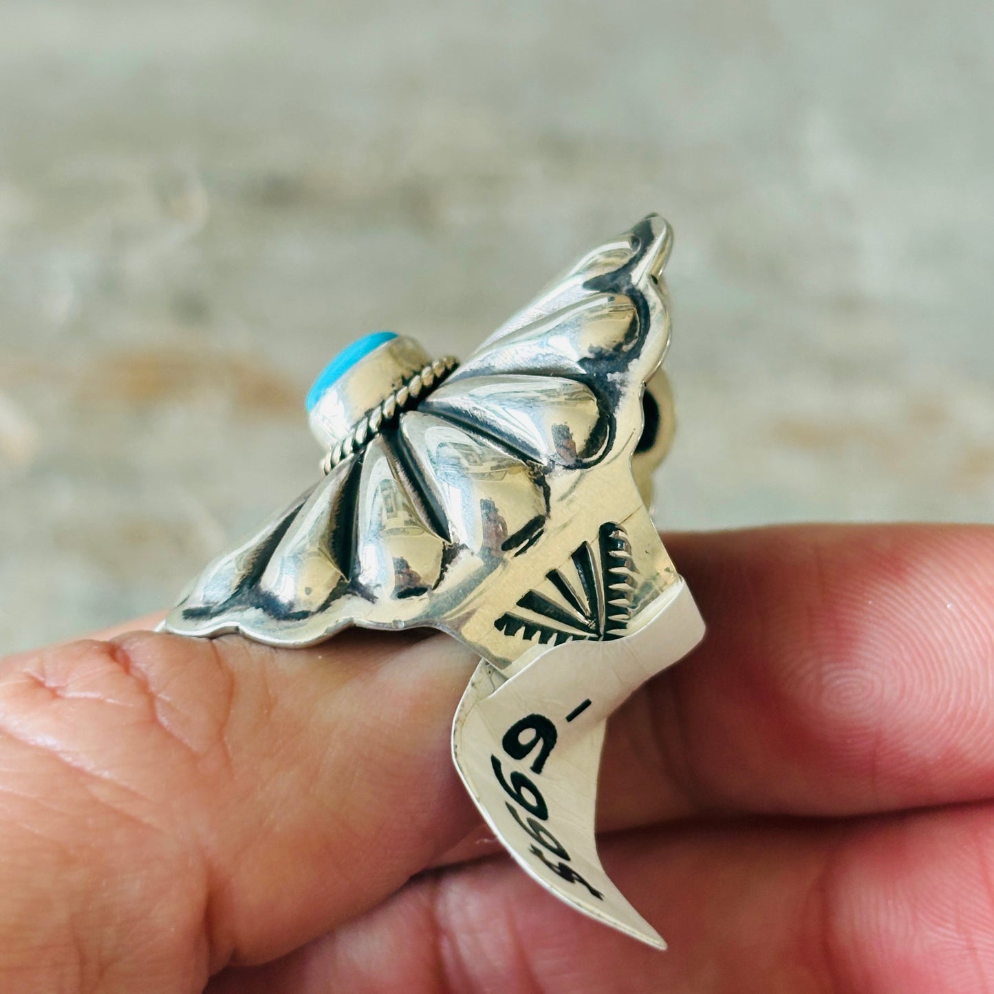 Navajo Darrell Cadman Sterling Silver & Sleeping Beauty Turquoise Concho Ring