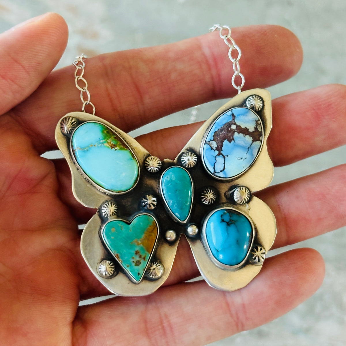 Navajo Freddy Platero Sterling Silver & Mixed Turquoise Cluster Butterfly Necklace