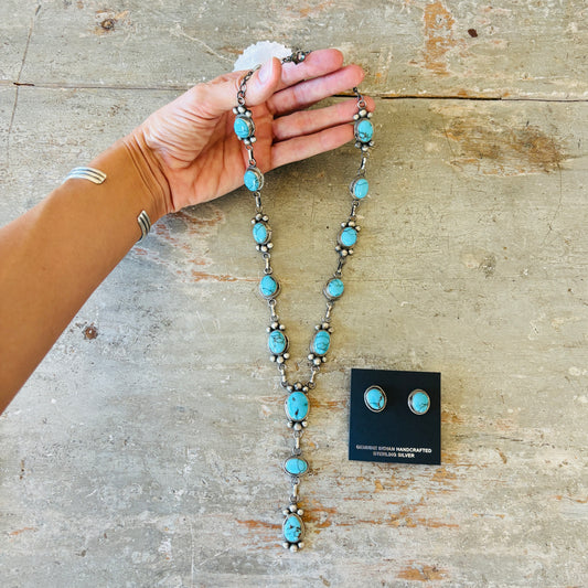 Navajo Cordelle Platero Sterling Silver & Egyptian Turquoise Lariat Necklace