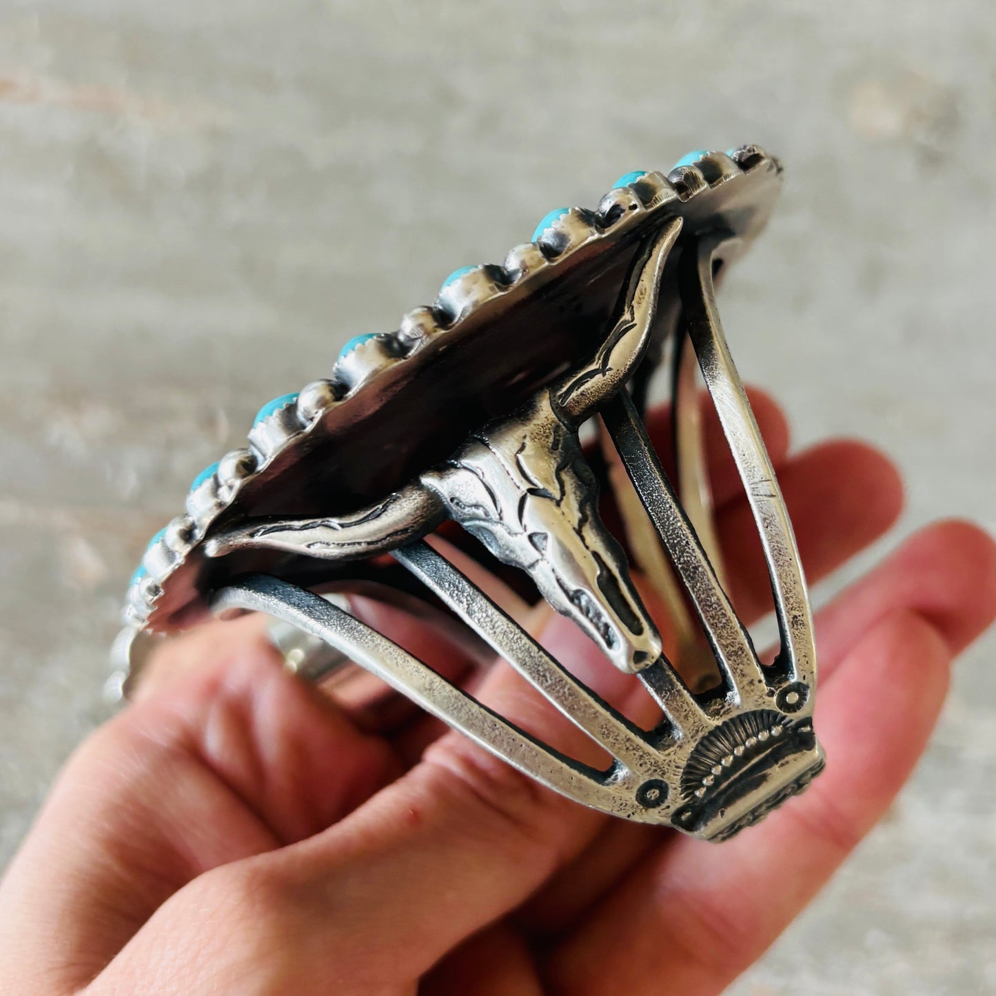 Navajo Kindale Billah Sterling Silver - Ceramic - Moonstone & Kingman Turquoise Cluster Cuff