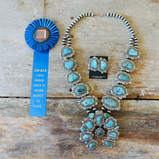 Navajo Robert Johnson Sterling Silver & High Grade Kingman Squash Blossom Necklace Set
