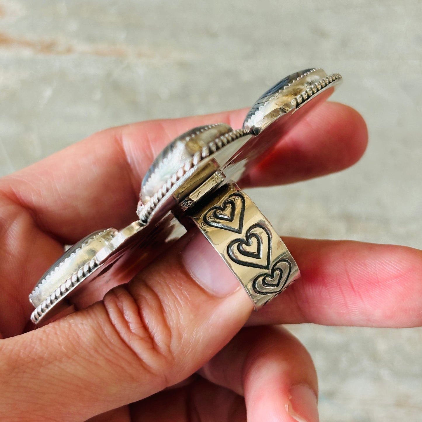 Navajo Hemerson Brown Sterling Silver - Abalone & Mojave Hearts Ring
