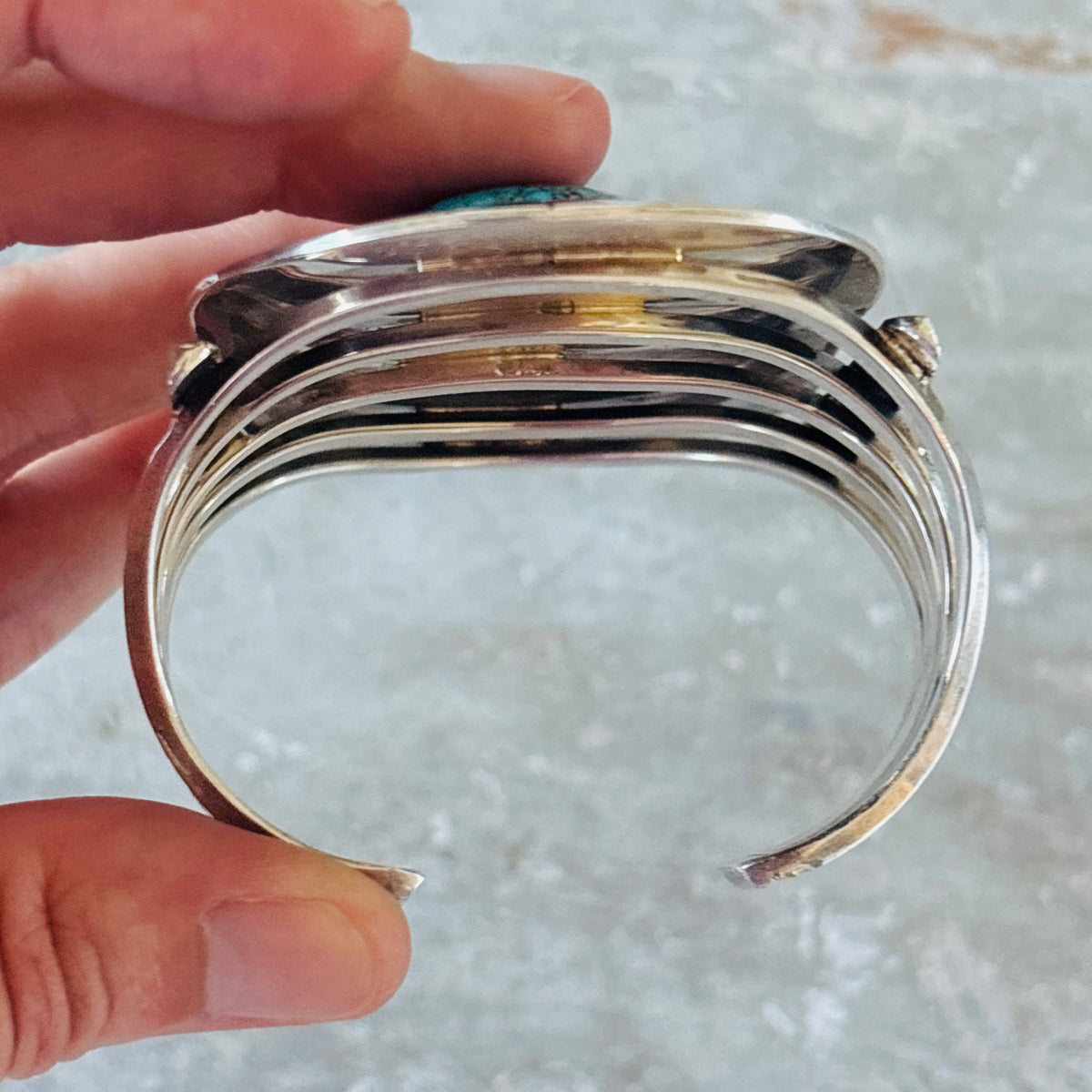 Navajo Running Bear Sterling Silver & Kingman Turquoise Statement Cuff