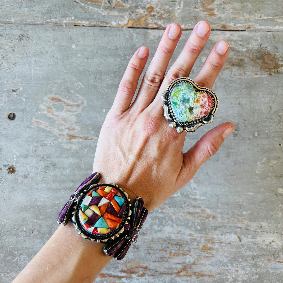 Navajo Hemerson Brown Sterling Silver & Rainbow Dyed Druzy Heart Ring
