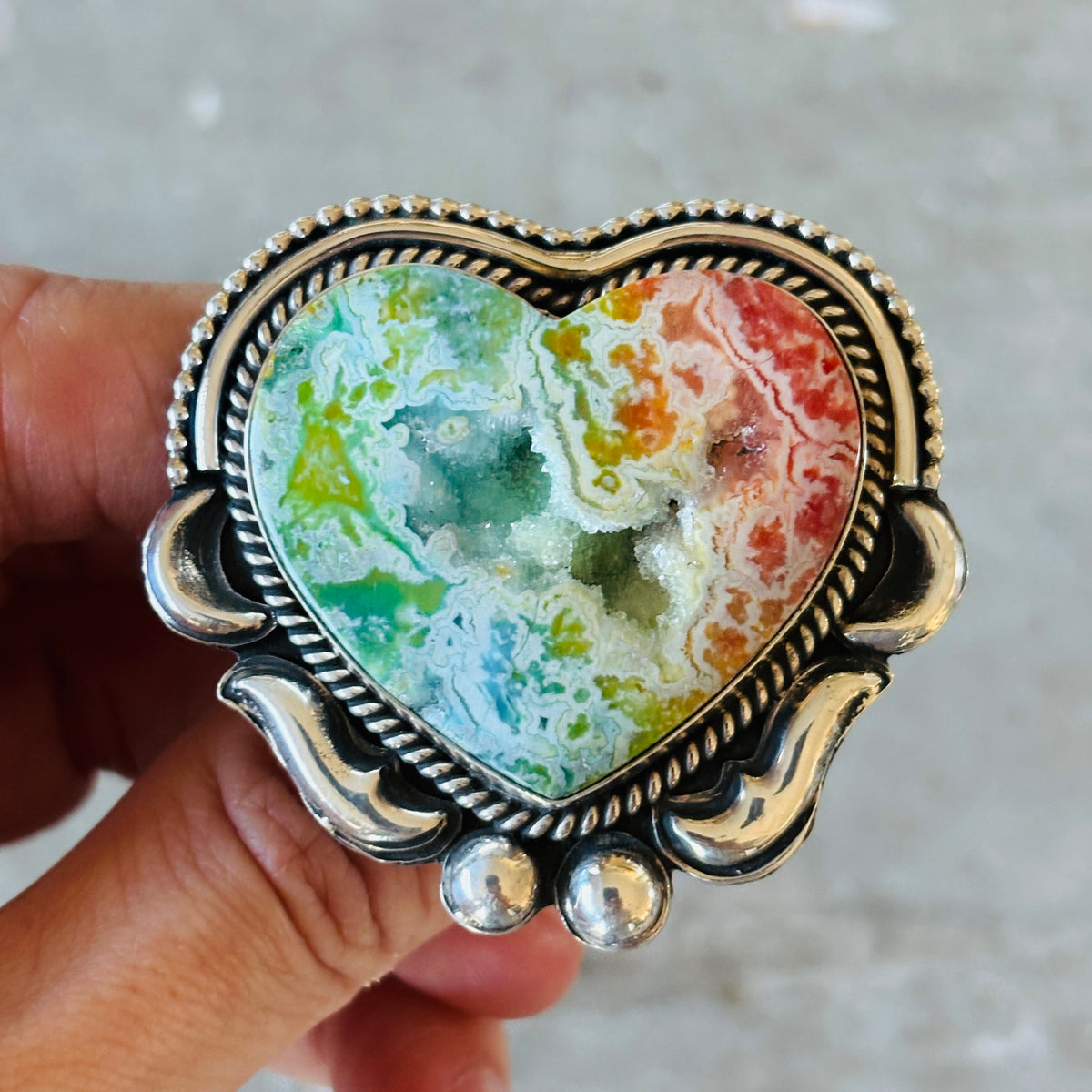 Navajo Hemerson Brown Sterling Silver & Rainbow Dyed Druzy Heart Ring