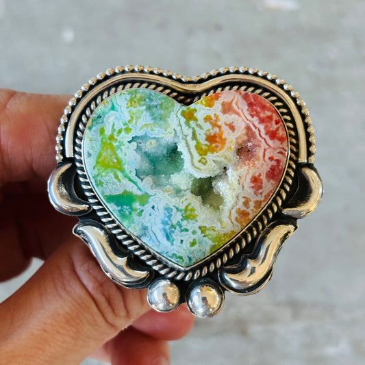 Navajo Hemerson Brown Sterling Silver & Rainbow Dyed Druzy Heart Ring