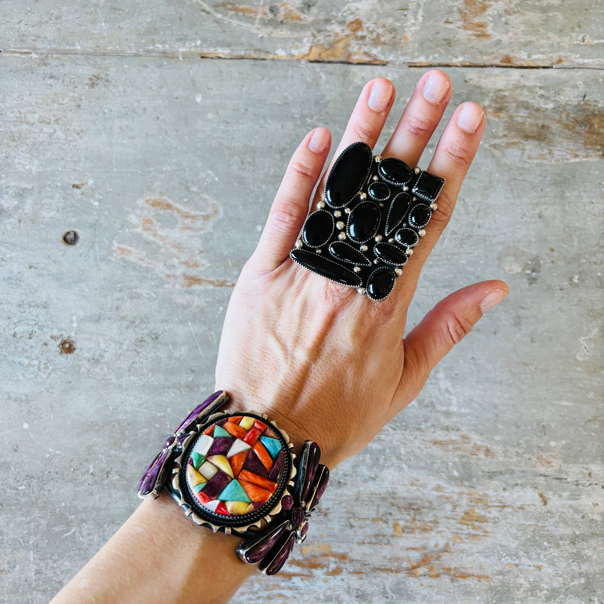 Navajo Hemerson Brown Sterling Silver & Black Onyx Cluster Statement Ring