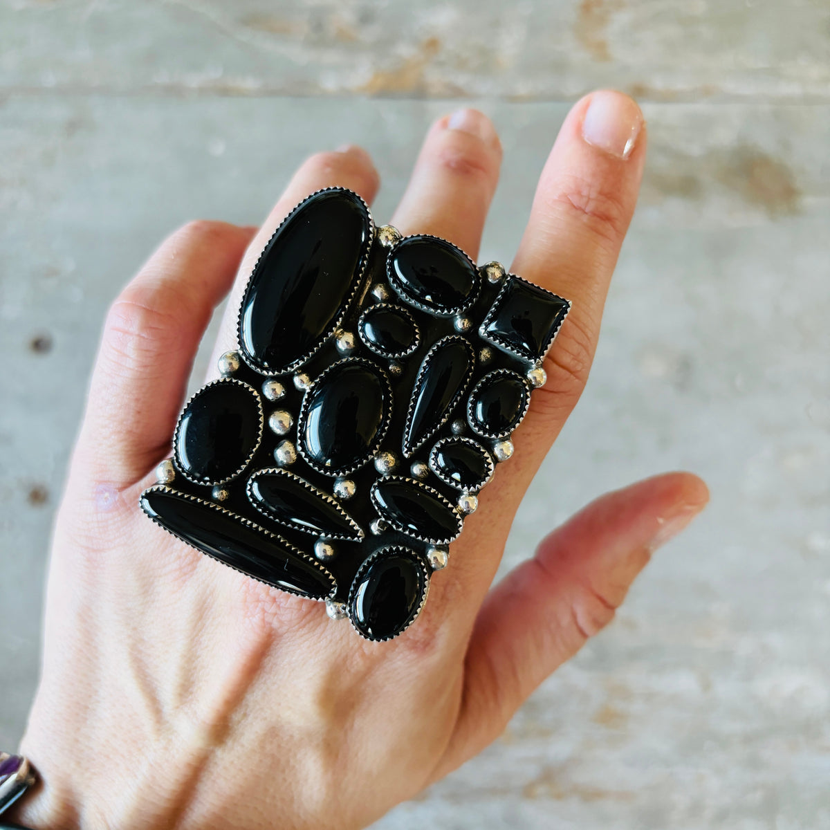 Navajo Hemerson Brown Sterling Silver & Black Onyx Cluster Statement Ring