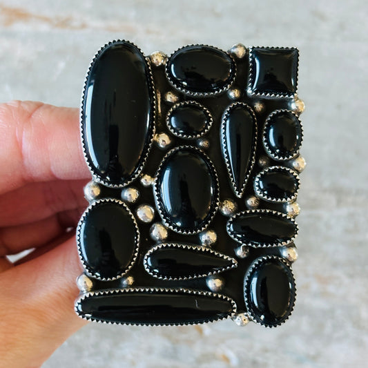 Navajo Hemerson Brown Sterling Silver & Black Onyx Cluster Statement Ring