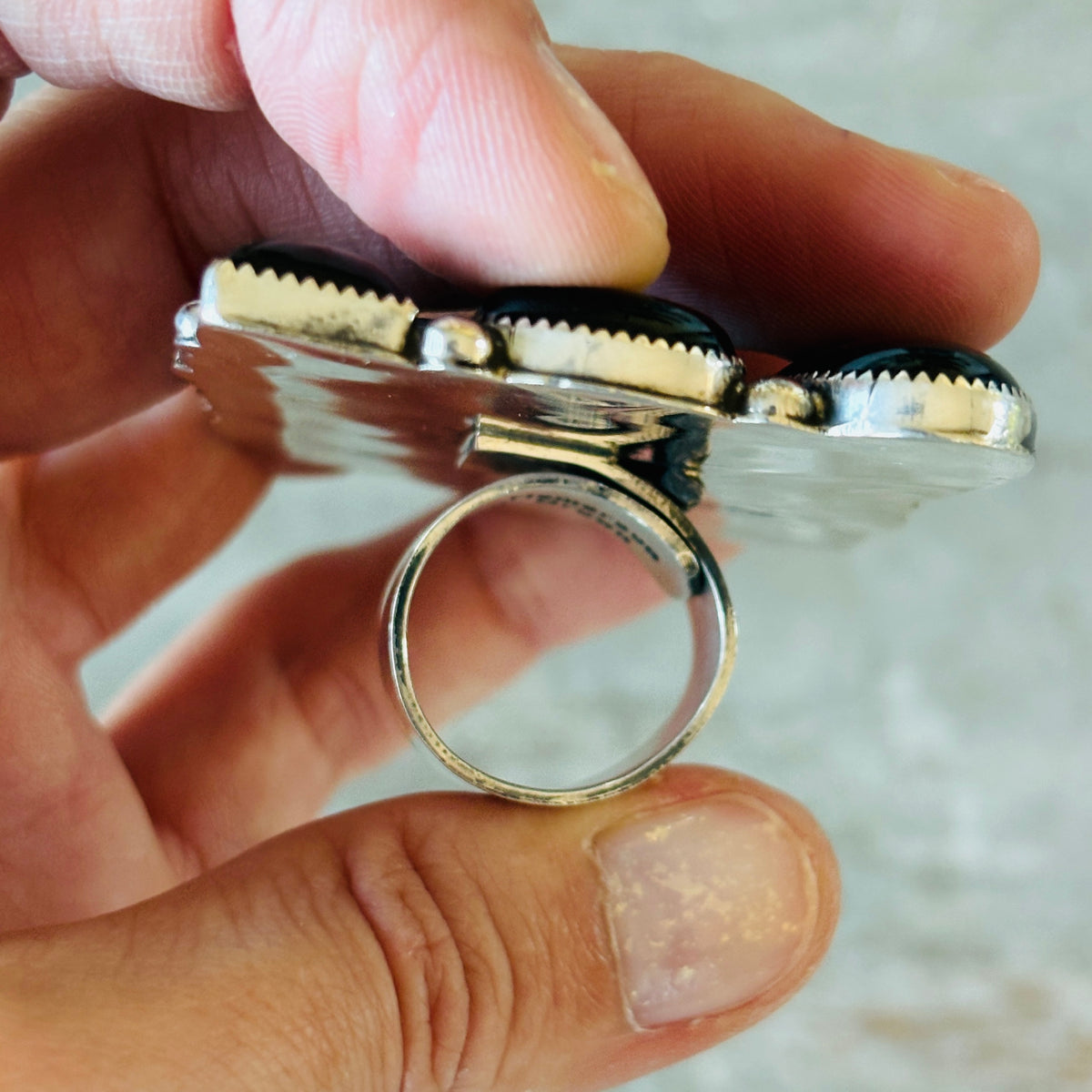 Navajo Hemerson Brown Sterling Silver & Black Onyx Cluster Statement Ring