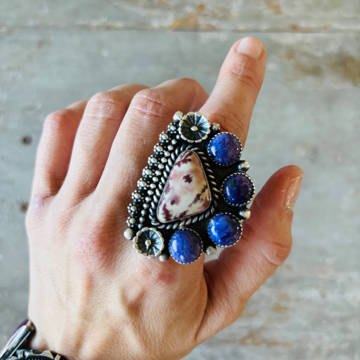 Navajo Kindale Billah Sterling Silver - Agate & Charoite Cluster Floral Ring