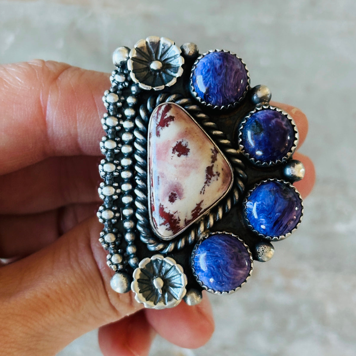 Navajo Kindale Billah Sterling Silver - Agate & Charoite Cluster Floral Ring