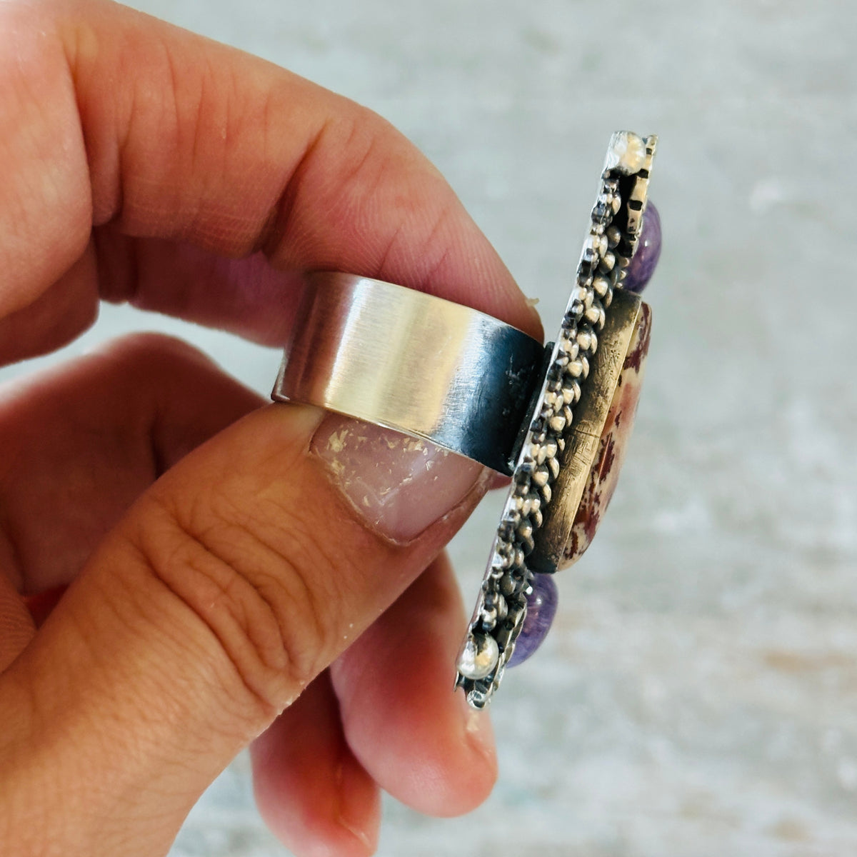 Navajo Kindale Billah Sterling Silver - Agate & Charoite Cluster Floral Ring