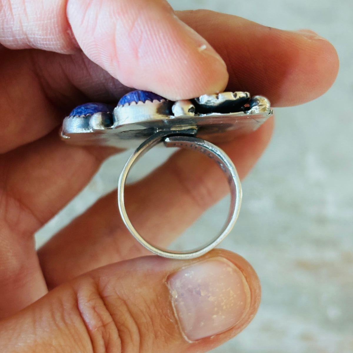 Navajo Kindale Billah Sterling Silver - Agate & Charoite Cluster Floral Ring